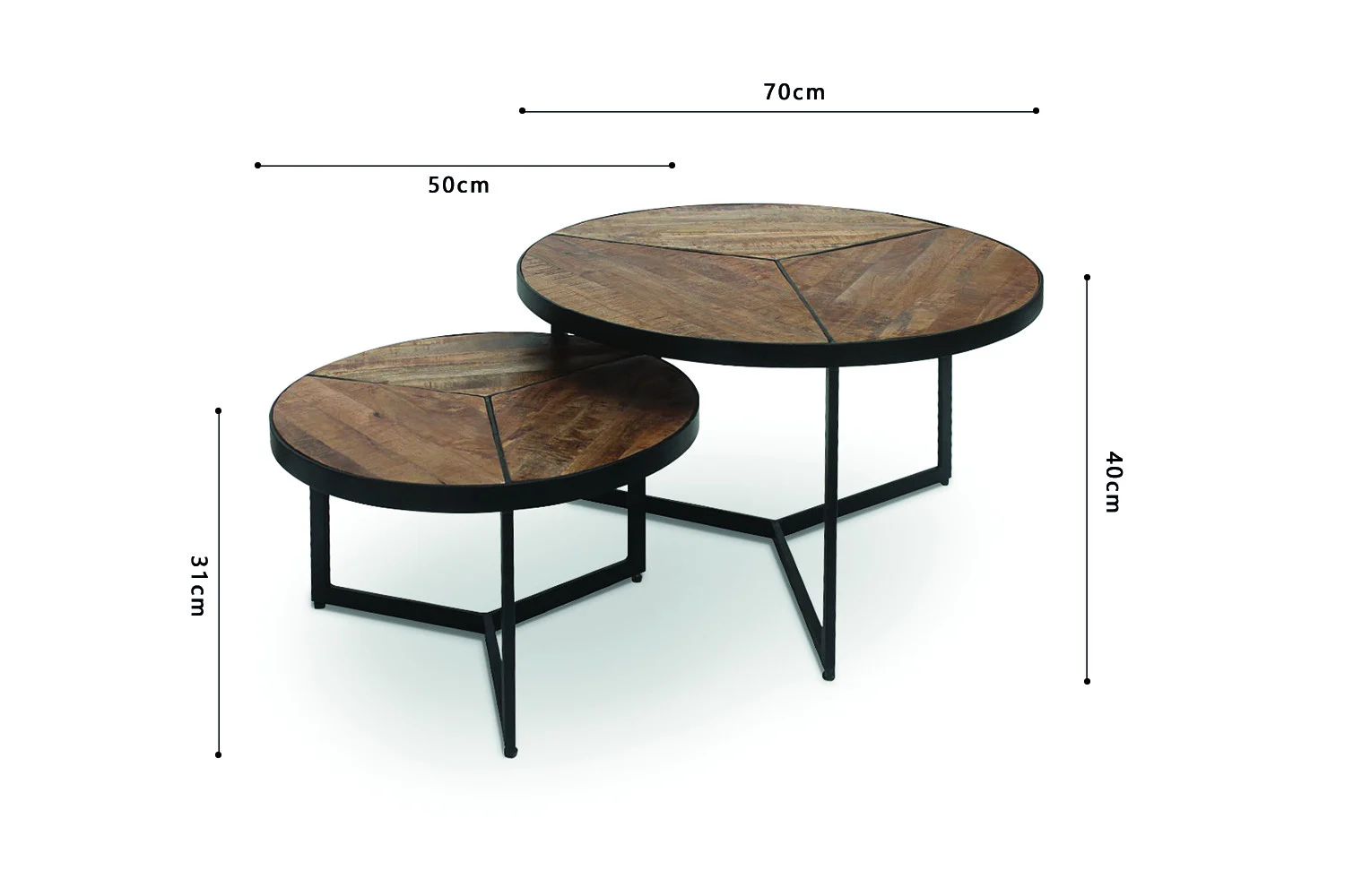 De Salontafel Mangohout Compact bestaat uit twee ronde nesttafels met een houten blad en een zwart metalen onderstel. De grootste is 70x40 cm, de kleinere 50x31 cm. Zwarte pijlen geven de afmetingen aan.
