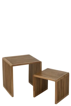 Set van 2 salontafels Kubus Recycle Teak Natuurlijk met houten latjes, in twee maten (groot en klein), naast elkaar geplaatst op een witte achtergrond.