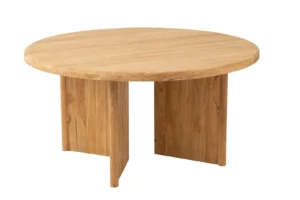 De Tafel Rond Teakhout Natuurlijk is een ronde teakhouten tafel met een glad blad en twee brede, elkaar kruisende plankenpoten, tegen een effen witte achtergrond.