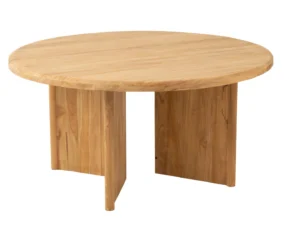 De Tafel Rond Teakhout Natuurlijk is een ronde teakhouten tafel met een glad blad en twee brede, elkaar kruisende plankenpoten, tegen een effen witte achtergrond.