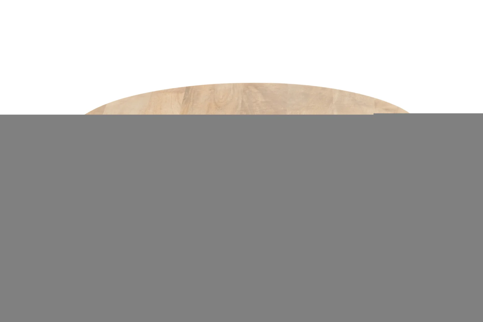 De Salontafel 80 x 34 CM Rond Mangohout is een ronde houten tafel met een lichte natuurlijke afwerking, afgebeeld tegen een witte achtergrond. Alleen het bovenste gedeelte van deze mangohouten tafel is zichtbaar in de afbeelding.
