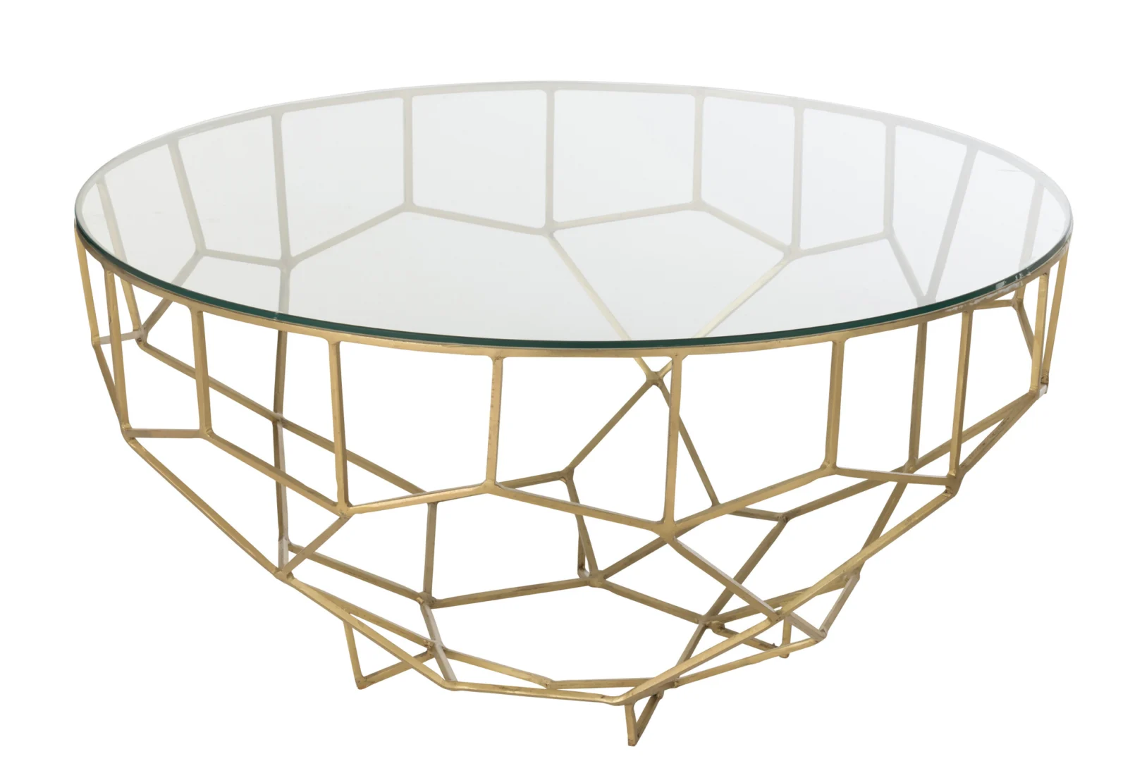 De Salontafel Goud 90 x 90 CM Vierkant is een vierkante metalen salontafel met een helder glazen blad en een opvallend geometrisch goudkleurig onderstel met kruisende lijnen en onregelmatige vormen.