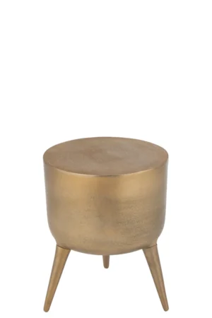Een compacte, vierkante aluminium bijzettafel in goud (Bijzettafel Goud 34 x 41 CM), met strakke lijnen en een glad oppervlak, tegen een effen witte achtergrond.