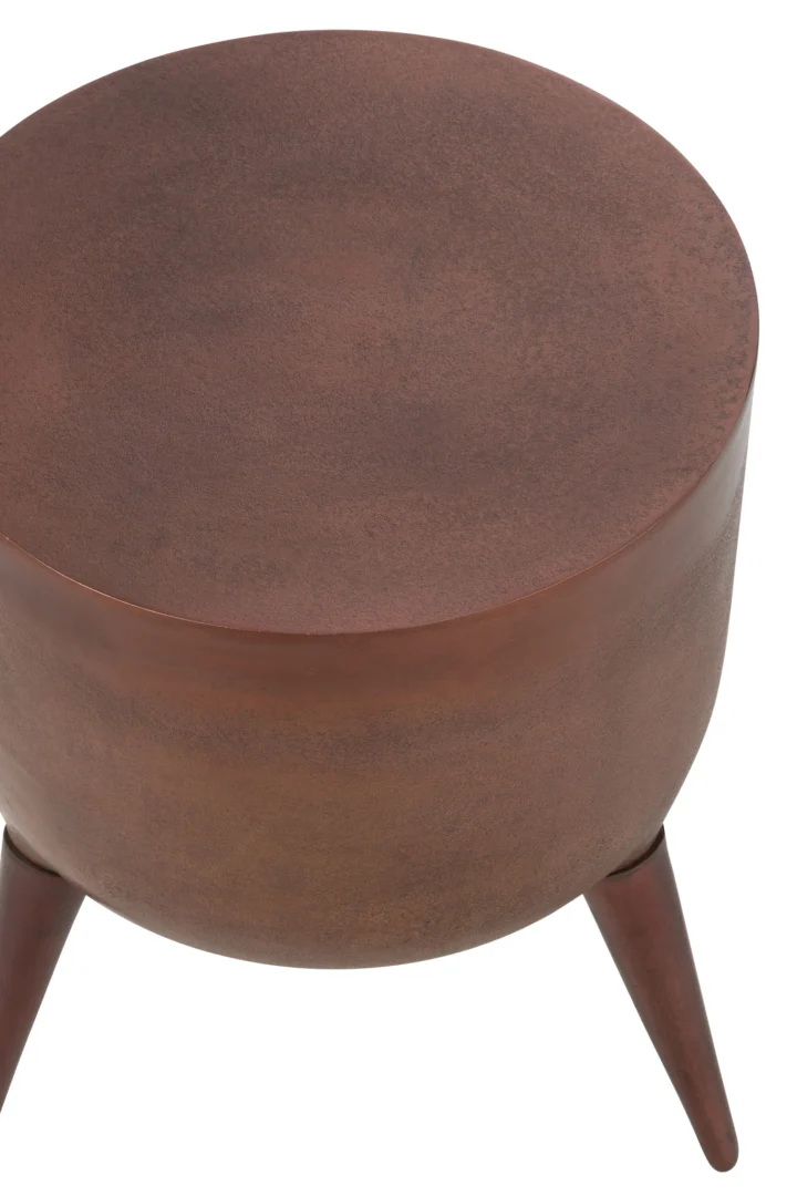 Een vierkante, bronzen aluminium bijzettafel (Bijzettafel Brons 34 x 41 CM Vierkant) met een glad blad en drie taps toelopende poten, van bovenaf afgebeeld op een witte achtergrond.