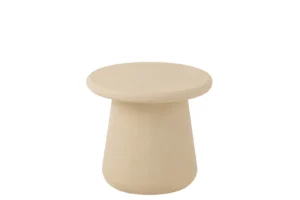 Een vierkant beige en wit bijzettafeltje, 51 x 51 cm, gemaakt van multiplex, weergegeven op een effen witte achtergrond.