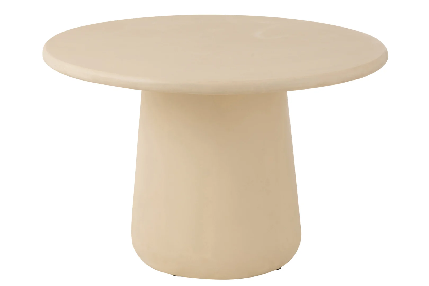 De Eettafel Ram Berkenmultiplex Beige is een ronde, lichtbeige tafel met een dik, solide onderstel en een strak, minimalistisch ontwerp.
