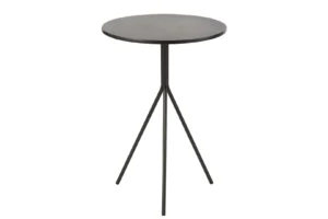 De Salontafel Rond Metaal Zwart is een kleine, ronde, zwart metalen bijzettafel met een dun tafelblad en drie slanke poten in een driepoot basis.
