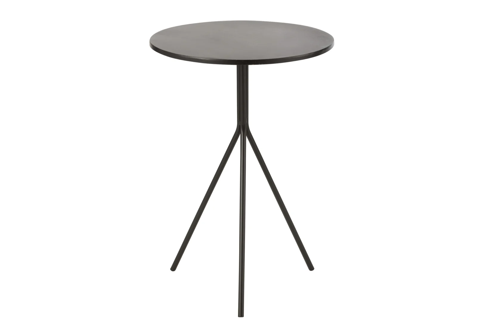 De Salontafel Rond Metaal Zwart is een kleine, ronde, zwart metalen bijzettafel met een dun tafelblad en drie slanke poten in een driepoot basis.