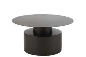 De Salontafel Zwart 80 x 80 CM Rond Metaal is een moderne, minimalistische zwarte salontafel met een rond blad en een dik cilindervormig onderstel, afgebeeld tegen een effen witte achtergrond.