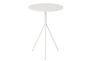 De Salontafel Rond Metaal Wit is een kleine, ronde, witte bijzettafel met een dun tafelblad en drie slanke, schuine poten. Het eenvoudige en minimalistische ontwerp maakt het ideaal voor moderne ruimtes.