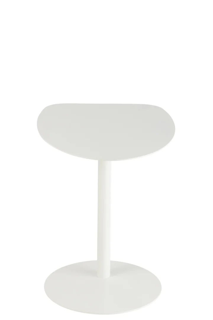 De Bijzettafel Wit 50 CM Metaal is een moderne, minimalistische witte bijzettafel met een rond blad, een enkele centrale steun en een ronde basis, tegen een effen witte achtergrond.