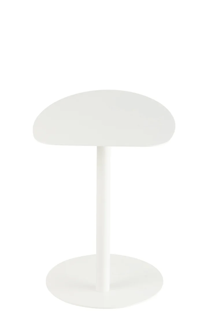 De Bijzettafel Wit 50 CM Metaal heeft een strak, modern ontwerp met een rond wit tafelblad, een enkele centrale metalen steun en een ronde voet, allemaal tegen een effen witte achtergrond.
