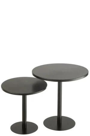 Twee Bijzettafel Zwart ronde metalen tafels (40x50 CM), zwart van kleur, staan naast elkaar op een witte achtergrond. De kleinere tafel staat links en de grotere tafel staat rechts.