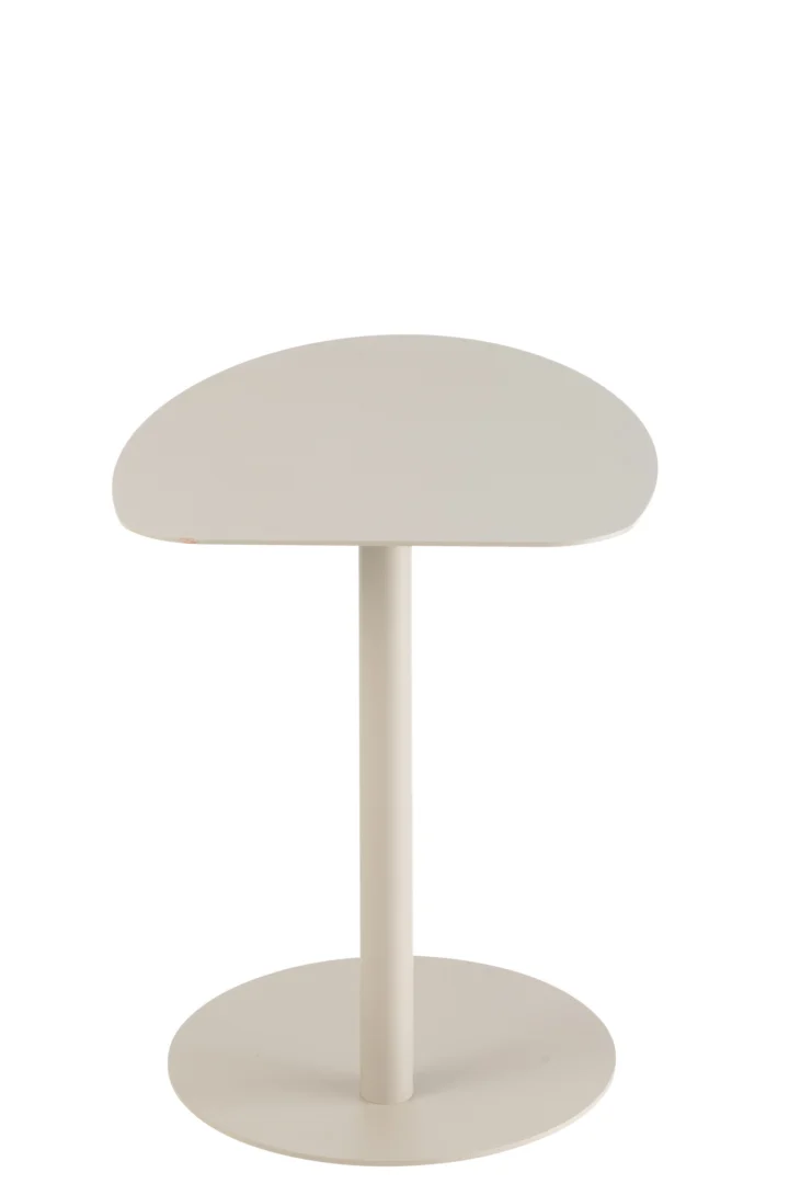 Bijzettafel Greige, Grijs 55 x 50 CM van metaal, met een minimalistisch ontwerp: een ronde basis, centrale steun en halfcirkelvormig blad, afgebeeld tegen een witte achtergrond.