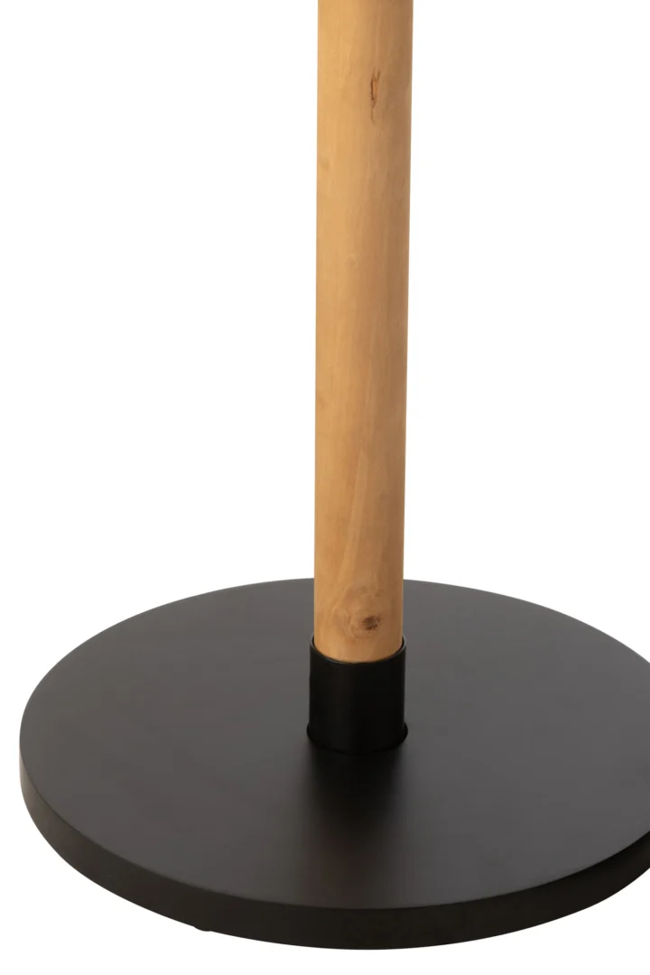 Een close-up van de Bijzettafel Zwart 35 x 61 CM Fineer toont een houten poot die in een ronde, platte, zwart metalen basis is gestoken, waarschijnlijk gefotografeerd tegen een witte achtergrond.