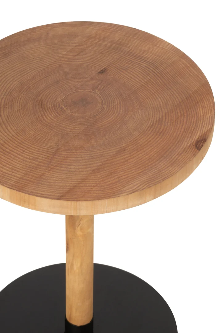 De Bijzettafel Zwart 35 x 61 CM Fineer is een ronde houten bijzettafel met zichtbare houtnerf, met een enkele houten poot en een plat zwart rond onderstel, afgebeeld tegen een witte achtergrond.