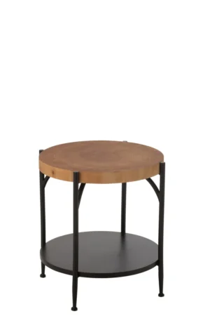 De Bijzettafel Bio Mdf/IJzer Zwart/Natuurlijk is een ronde bijzettafel met een dik houten blad, zwarte metalen poten en een onderste zwarte plank, afgebeeld tegen een effen witte achtergrond.