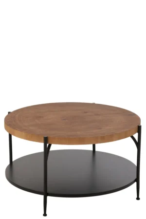 De Salontafel Zwart Fineer is een ronde salontafel met een houten blad, zwarte metalen poten en een onderste zwarte ronde plank.