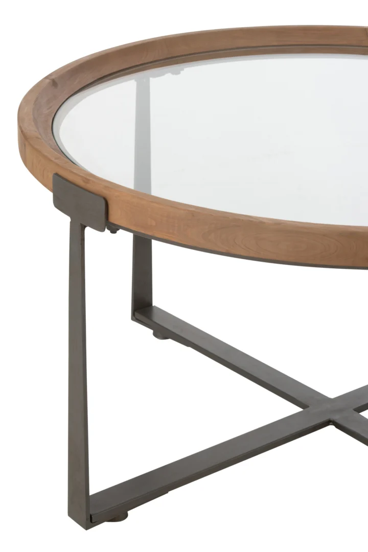 De Salontafel Zwart is een vierkante metalen salontafel (80 x 43 cm) met een modern ontwerp, een blad van helder glas, een frame van licht hout en zwarte metalen poten in een X-vorm aan de onderkant.