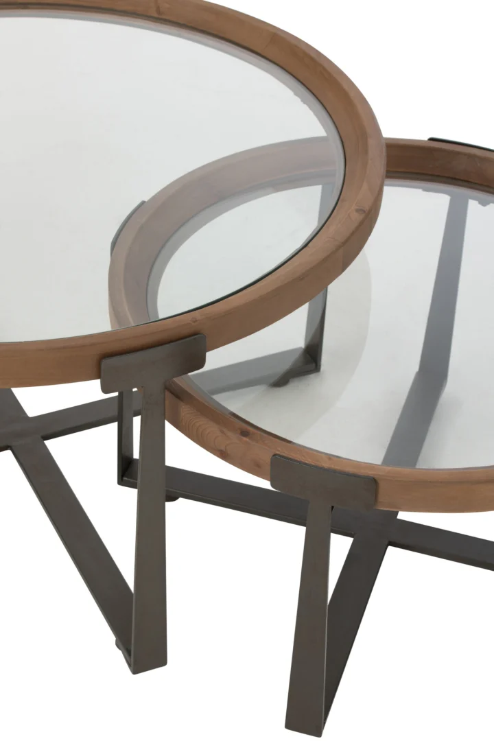 De Salontafel Zwart is een vierkante zwart metalen salontafel van 80 x 43 cm. De afbeelding toont twee tafels, de ene gedeeltelijk genest onder de andere, van bovenaf gezien.