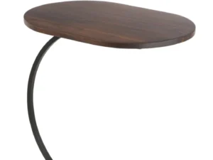 De Bijzettafel Zwart, Bruin (35 x 59 cm) heeft een strak, modern ontwerp met een ovaal mangohout blad en een gebogen zwart metalen onderstel op een ronde metalen bodem - eigentijdse stijl voor elke ruimte.