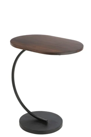 De Bijzettafel Zwart, Bruin (35 x 59 cm) heeft een strak, modern ontwerp met een ovaal mangohout blad en een gebogen zwart metalen onderstel op een ronde metalen bodem - eigentijdse stijl voor elke ruimte.