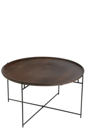 Een ronde salontafel (80x80 cm) genaamd Salontafel Zwart, Bruin, gemaakt van mangohout met een donkerbruin blad en dunne zwart metalen pootjes in een kriskraspatroon.