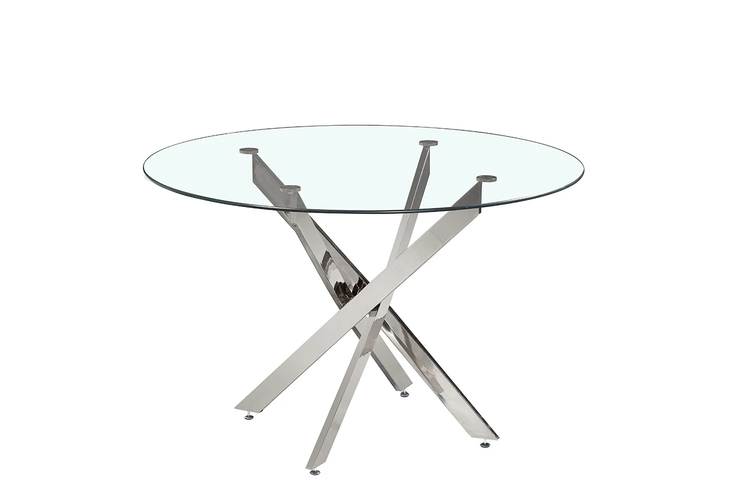 De Tafel 'Lasi' 120 cm is een ronde glazen tafel met een moderne uitstraling, voorzien van drie kruisende chromen poten in een X-vorm.