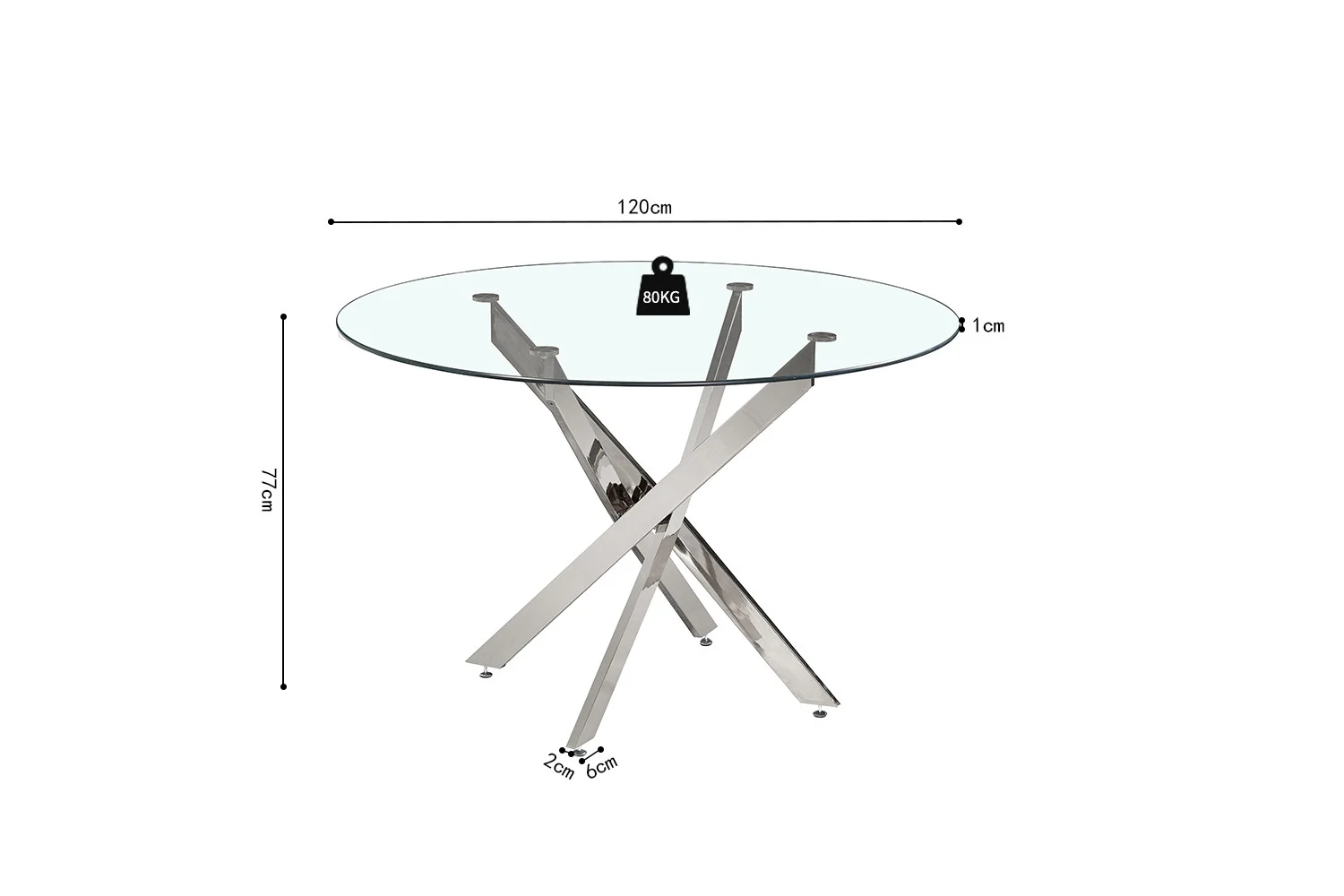 Tafel 'Lasi' 120 cm rond glas met chroom kruis-potten. Afmetingen: Ø120cm, glasdikte 1cm, hoogte 76cm, voetafdruk 60x60cm. Maximaal draagvermogen: 80kg.