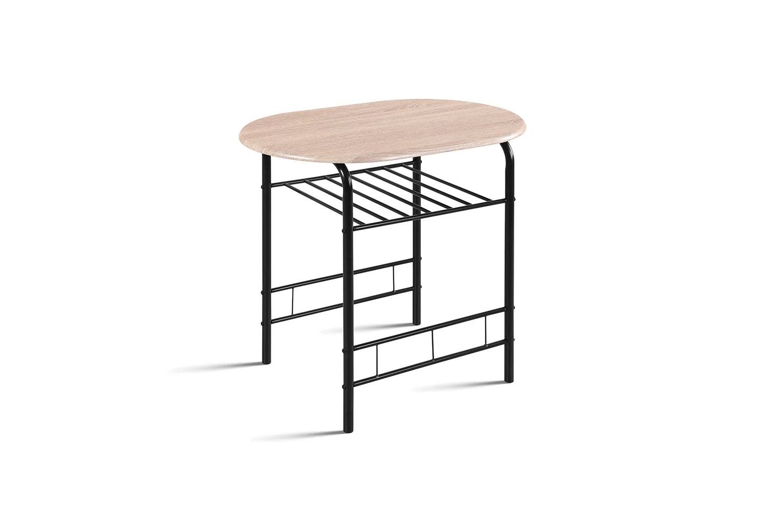 De 'Adam' tafelset heeft een eenvoudig, modern ontwerp met een ovaal blad in lichte sonoma-houtlook, een zwart metalen frame en een metalen opbergrek onderaan.