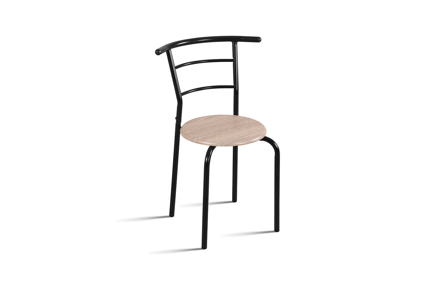 De Tafelset 'Adam' heeft een ronde sonoma decor zitting, zwart metalen poten en een gebogen zwart metalen rugleuning met twee horizontale spijlen, tegen een witte achtergrond.