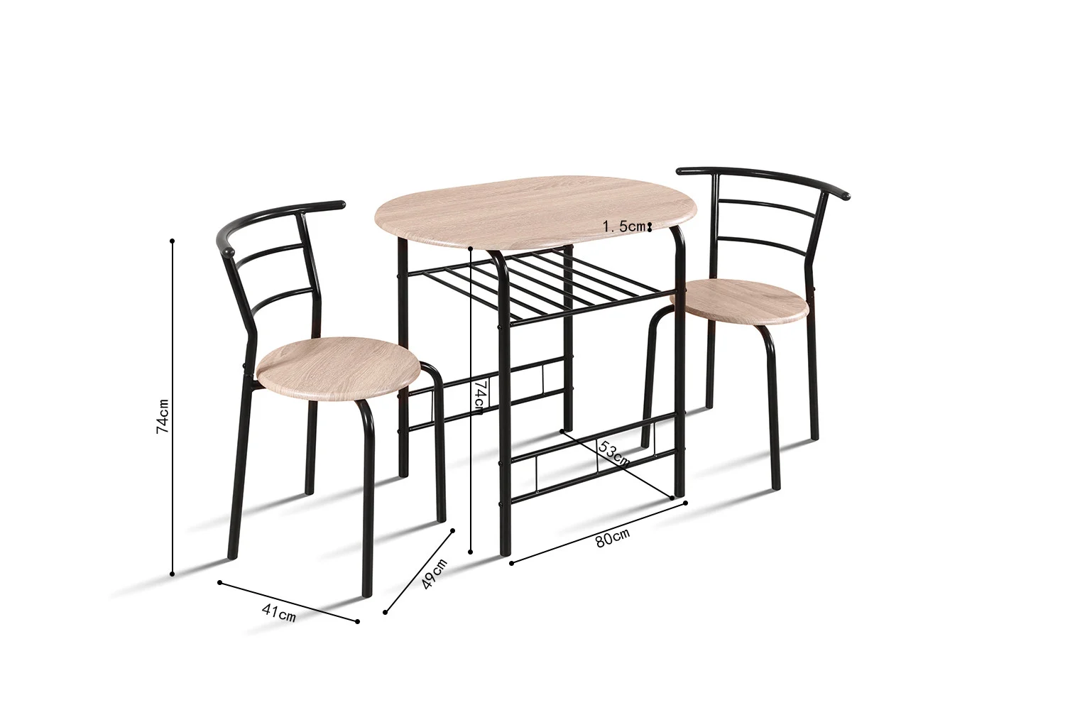 De Tafelset 'Adam' bestaat uit een compacte lichthouten ovale tafel met een onderplank en twee bijpassende stoelen met een zwart metalen frame. Afmetingen zijn aangegeven in centimeters voor hoogte, breedte en diepte. Decor: Sonoma, kleur: zwart metaal.