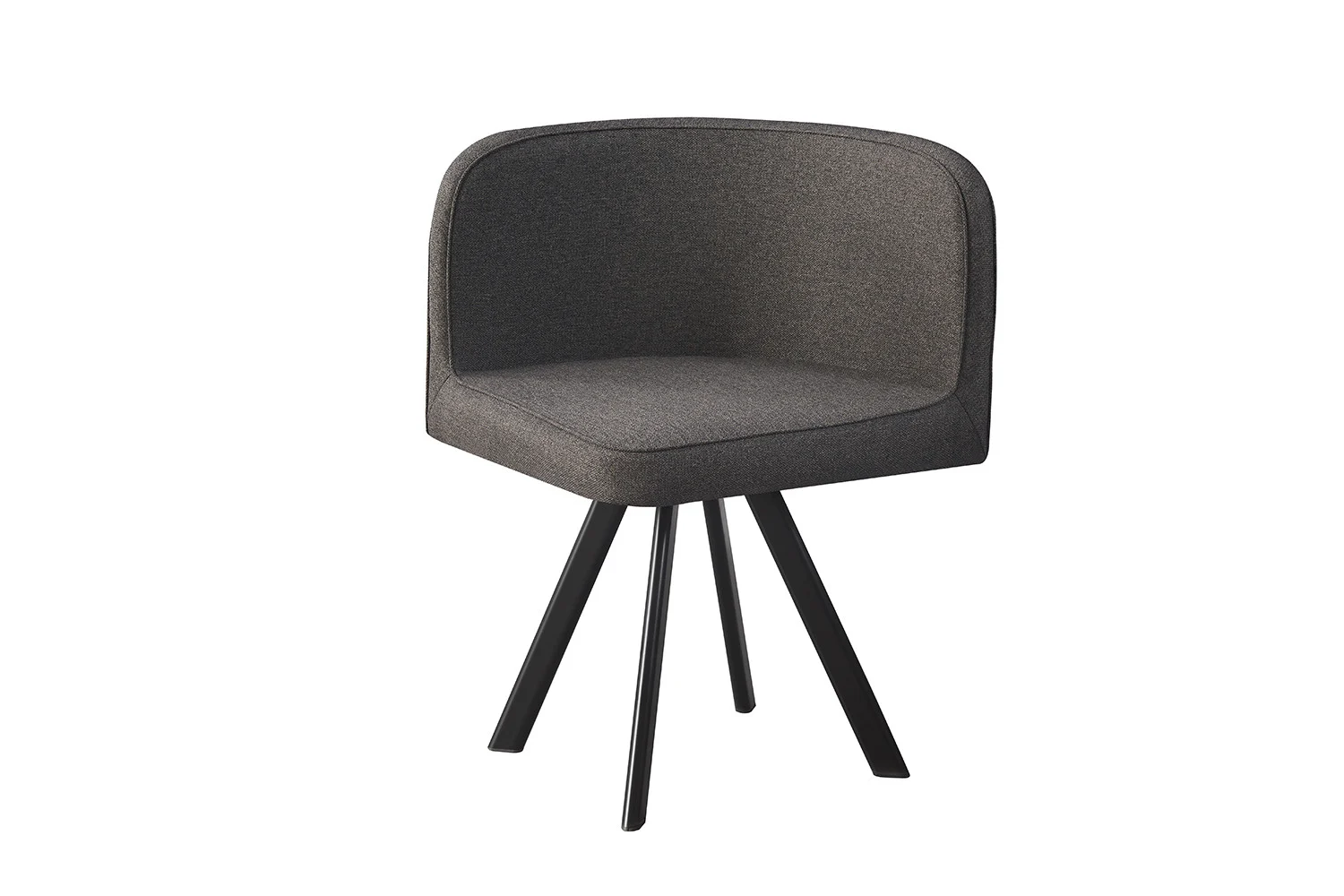 De Tafelset 'Eva' Grijs is een moderne donkergrijs gestoffeerde stoel met een gebogen rugleuning en zitting, voorzien van vier schuine zwarte metalen poten tegen een witte achtergrond.
