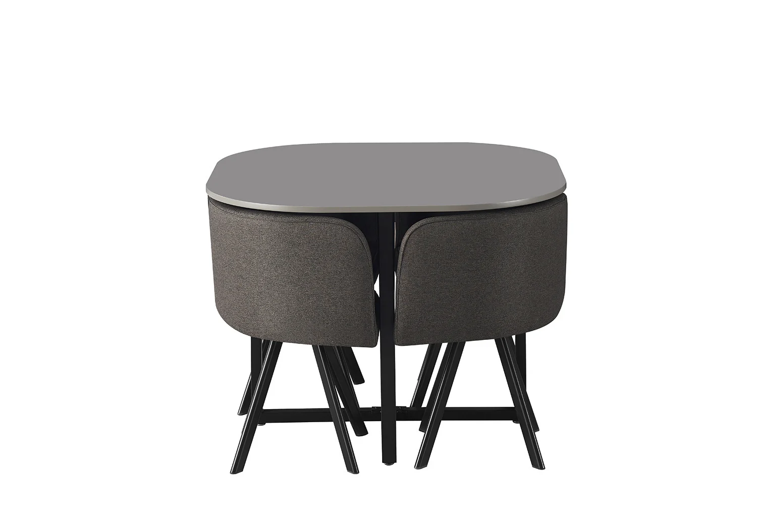 De Tafelset 'Eva' Grijs heeft een moderne ovalen grijze tafel met vier bijpassende donkergrijs gestoffeerde stoelen, allemaal netjes gerangschikt tegen een effen witte achtergrond.