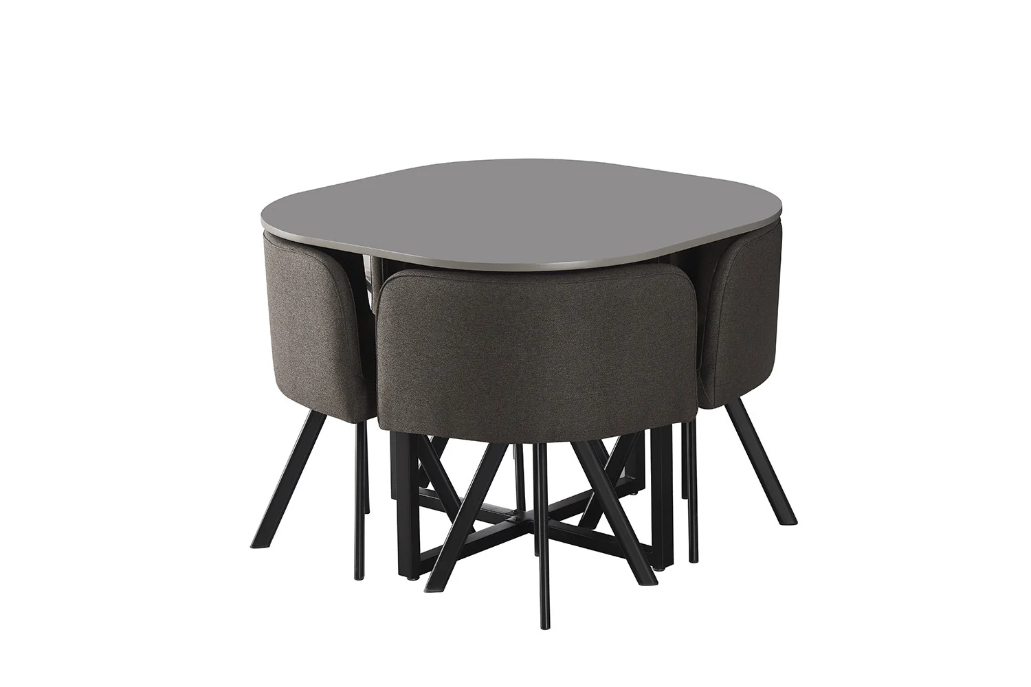 De Tafelset 'Eva' Grijs heeft een moderne grijze vierkante tafel met zwarte metalen poten en vier donkergrijs gestoffeerde stoelen eronder, alles tegen een witte achtergrond.