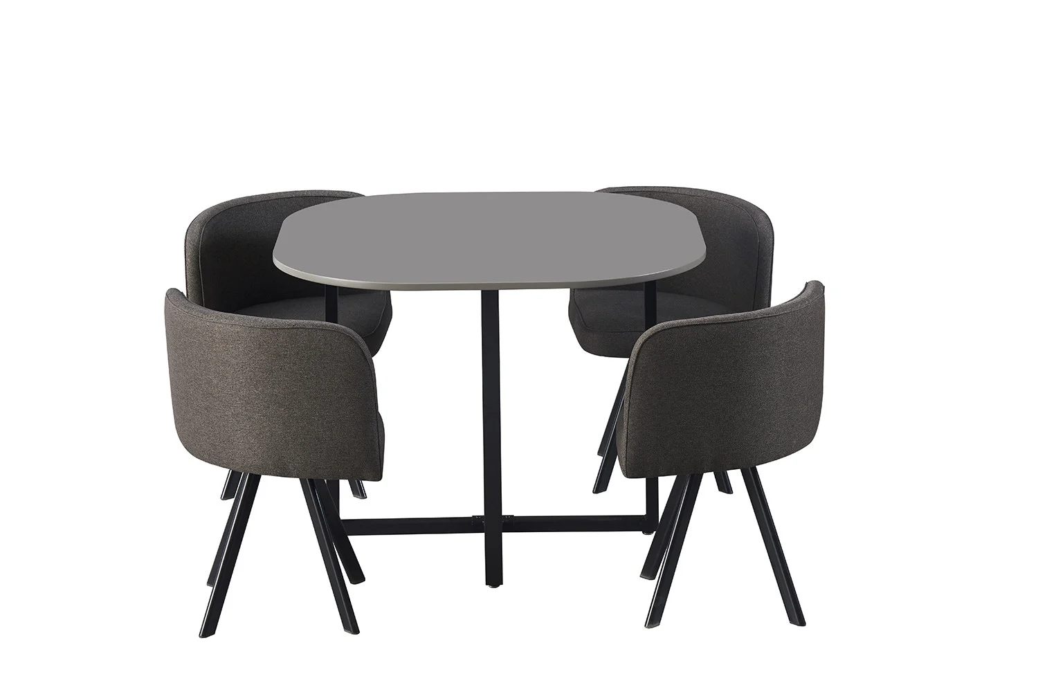 De Tafelset 'Eva' Grijs heeft een moderne vierkante grijze tafel met vier bijpassende grijs gestoffeerde stoelen en zwarte poten, allemaal gerangschikt rond de tafel op een witte achtergrond.