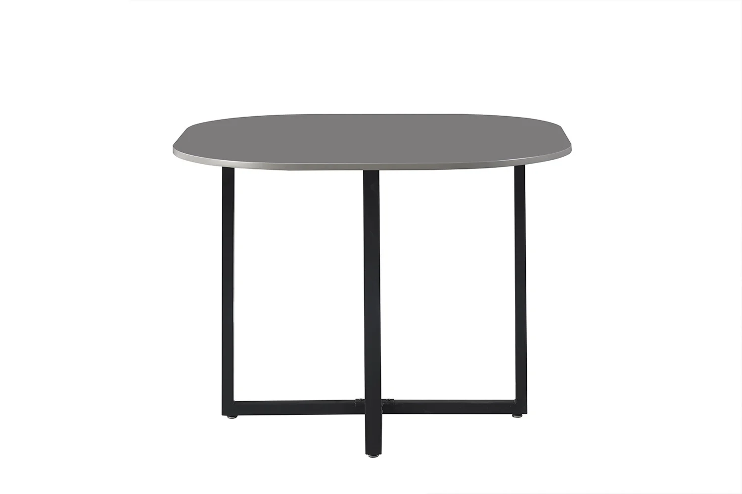 De Tafelset 'Eva' Grijs heeft een kleine, moderne grijze tafel met een afgerond rechthoekig blad en zwarte metalen poten in een kriskras ontwerp, tegen een effen witte achtergrond.