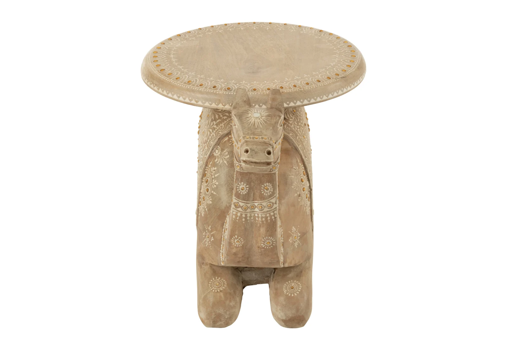 De Bijzettafel Wit 35 x 36 CM Mangohout is een licht afgewerkt houten bijzettafeltje met een rond tafelblad dat rust op een gestileerd, paardvormig onderstel, met ingewikkelde gebeeldhouwde patronen op zowel het onderstel als het tafelblad.