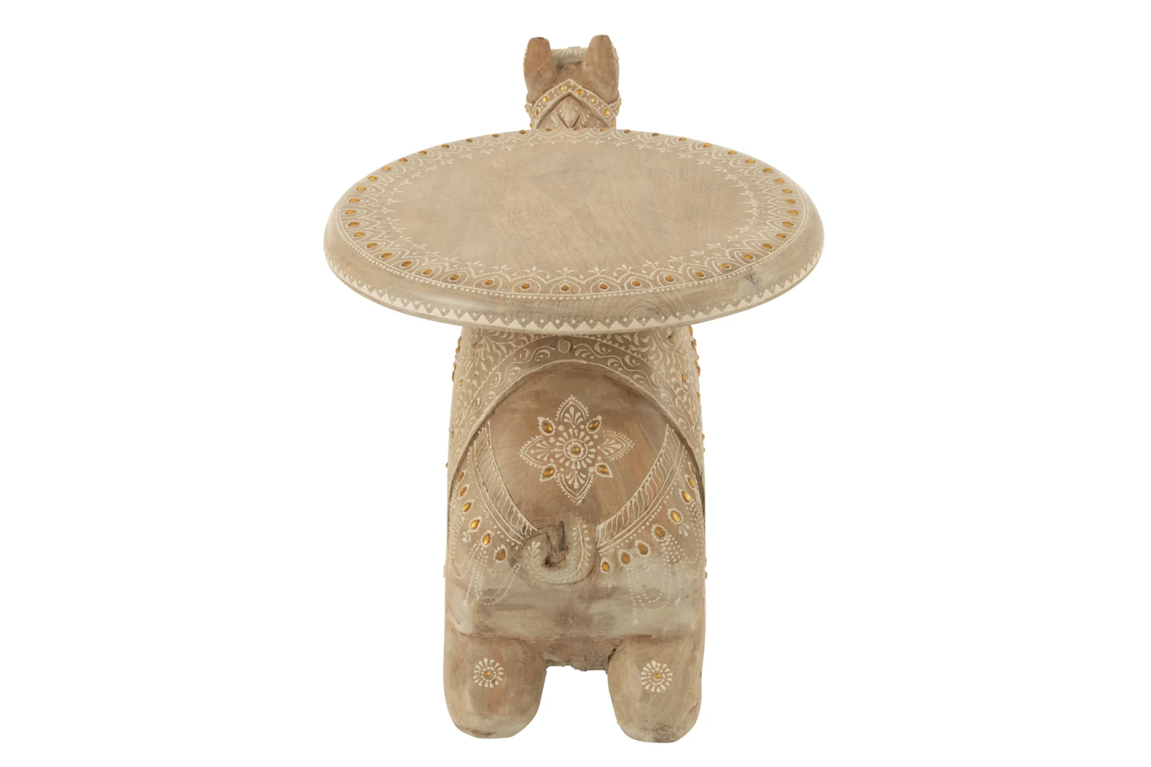 De Bijzettafel Wit is een klein, decoratief tafeltje van 35 x 36 cm, gemaakt van mangohout met ingewikkeld houtsnijwerk en patronen, met een rond, plat oppervlak.