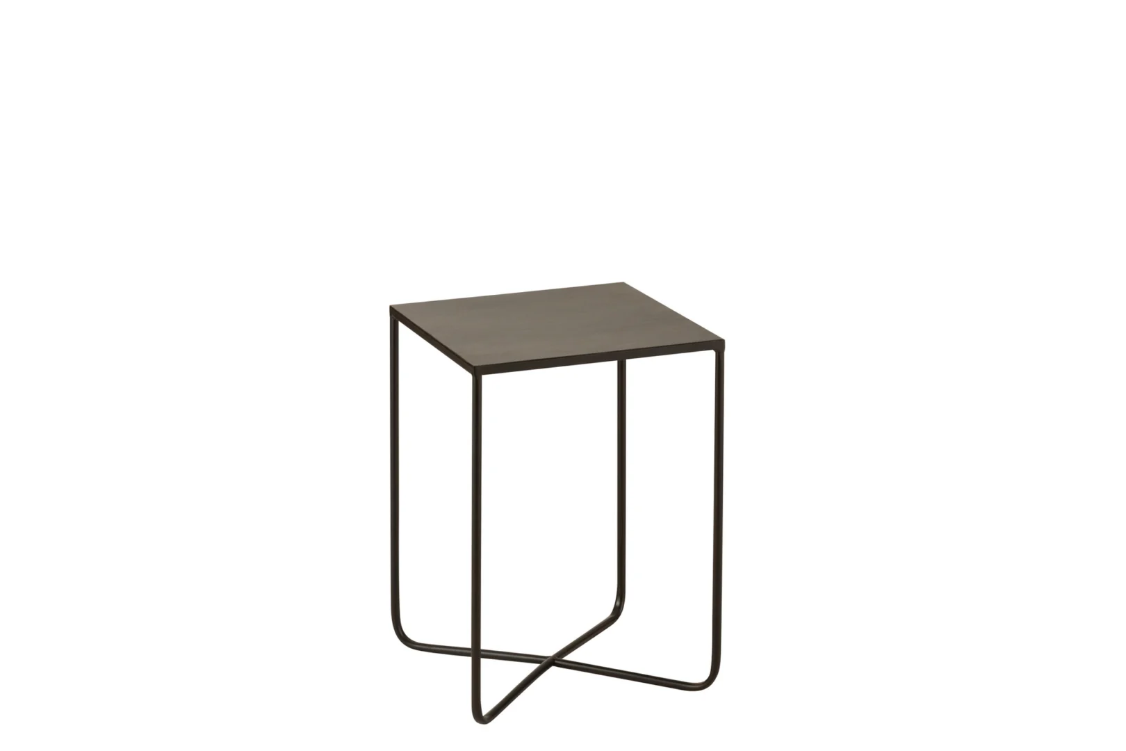De Sidetable Kruisframe Metaal Zwart heeft een minimalistisch vierkant ontwerp met een dun zwart metalen frame, een plat massief blad en opvallende kriskras poten voor een eenvoudige, moderne uitstraling.