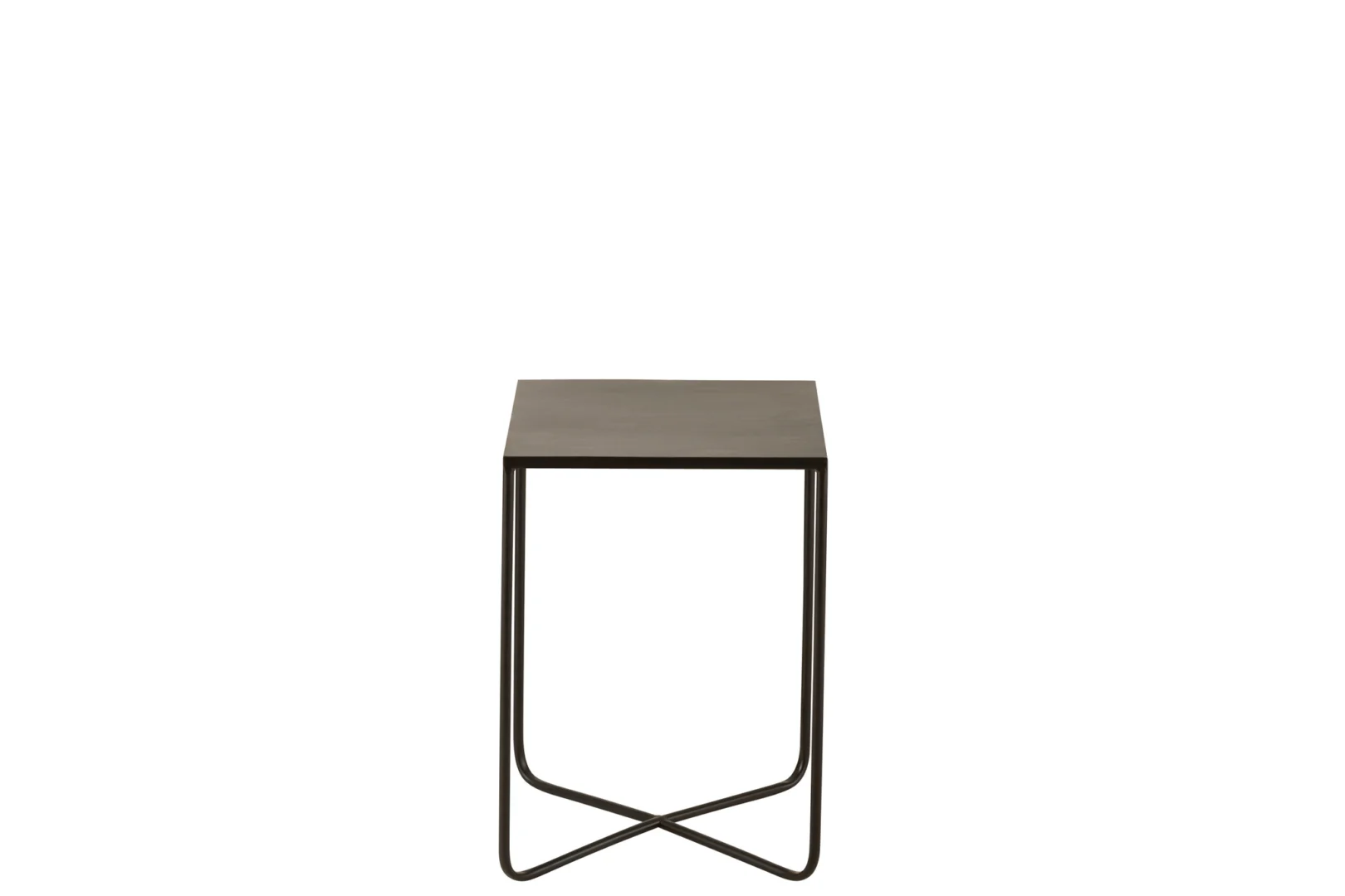 De Sidetable Kruisframe Metaal Zwart is een minimalistische vierkante bijzettafel met een dun, zwart metalen frame, een plat blad en gekruiste metalen steunen aan de onderkant, tegen een effen witte achtergrond.