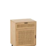 Het Nachtkastje Zwart Metaal (35 x 46 x 70 cm) is een klein houten kastje met zwart metalen poten, een enkele lade en een deur met een geweven rotanpaneel voor een minimalistische, moderne look.