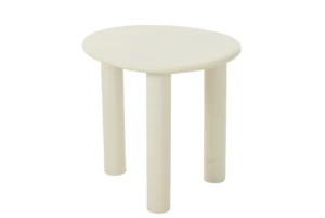 De Bijzettafel Bali MDF/PVC Wit Klein is een eenvoudige, kleine, ronde witte bijzettafel met drie cilindrische poten, afgebeeld tegen een effen witte achtergrond.