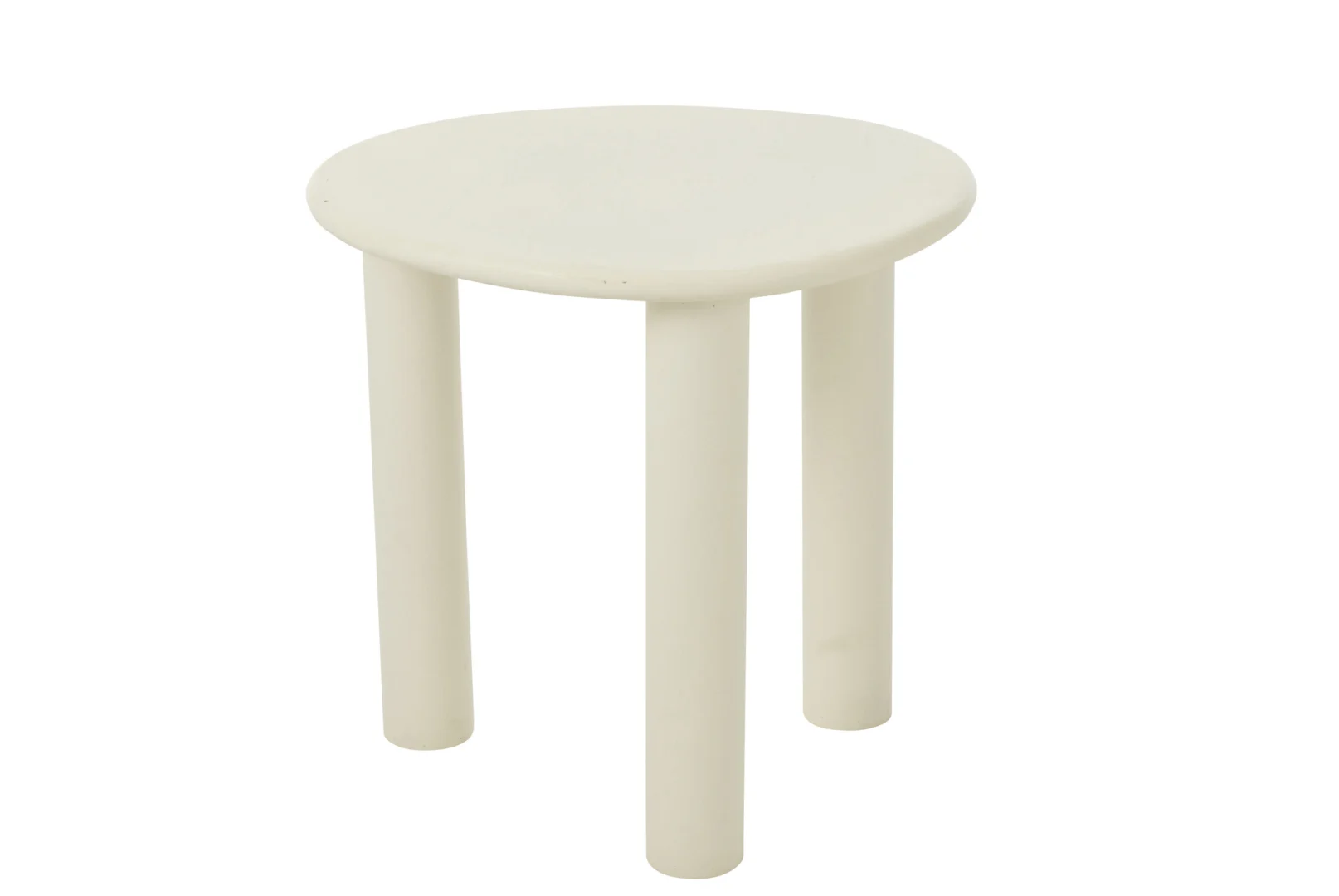 De Bijzettafel Bali Mdf/Pvc Wit Klein is een eenvoudige, ronde, witte tafel met drie poten en een glad blad, tegen een effen witte achtergrond.