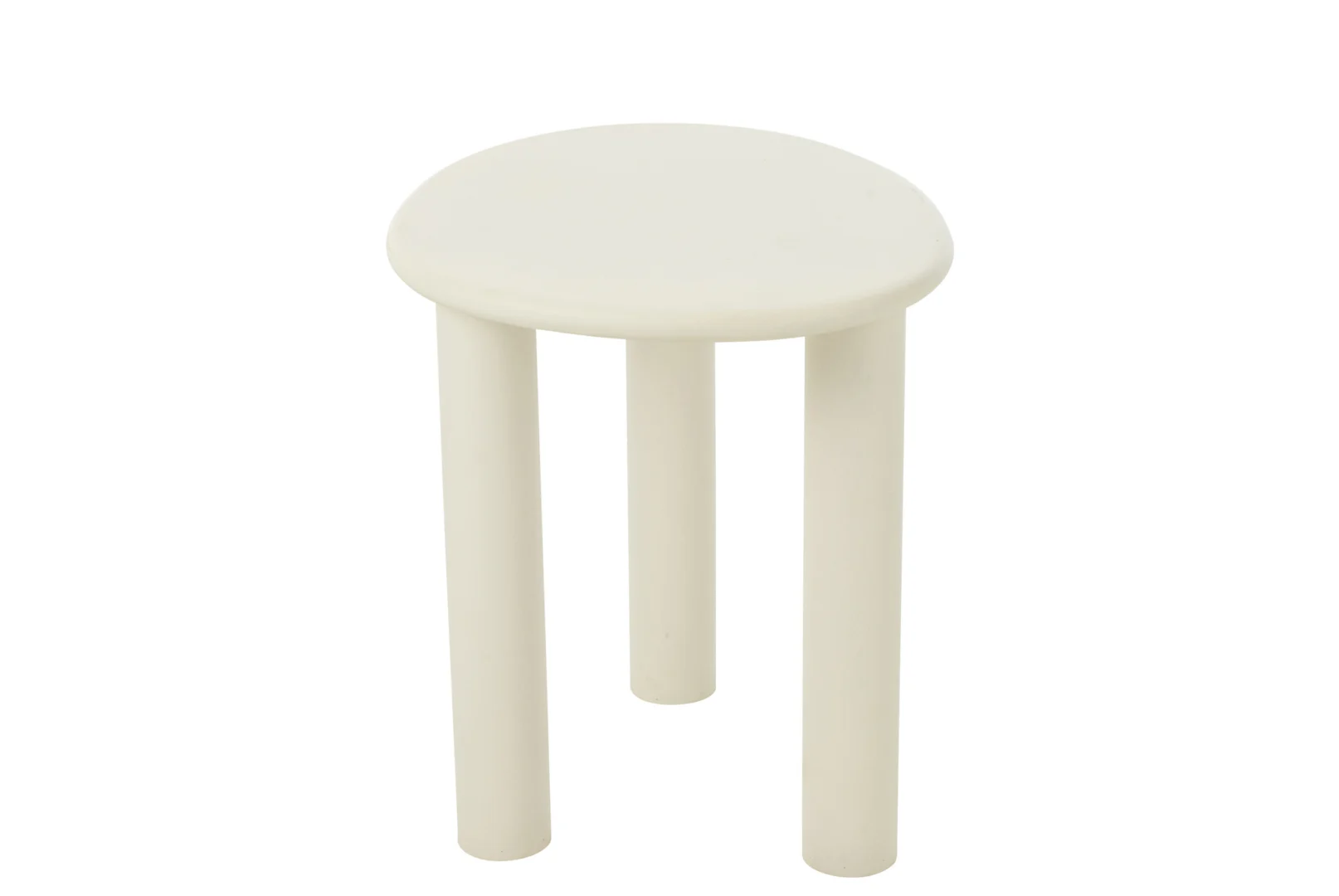 De Bijzettafel Bali Mdf/Pvc Wit Klein is een eenvoudige, ronde witte kruk met drie dikke cilindrische poten tegen een effen witte achtergrond.
