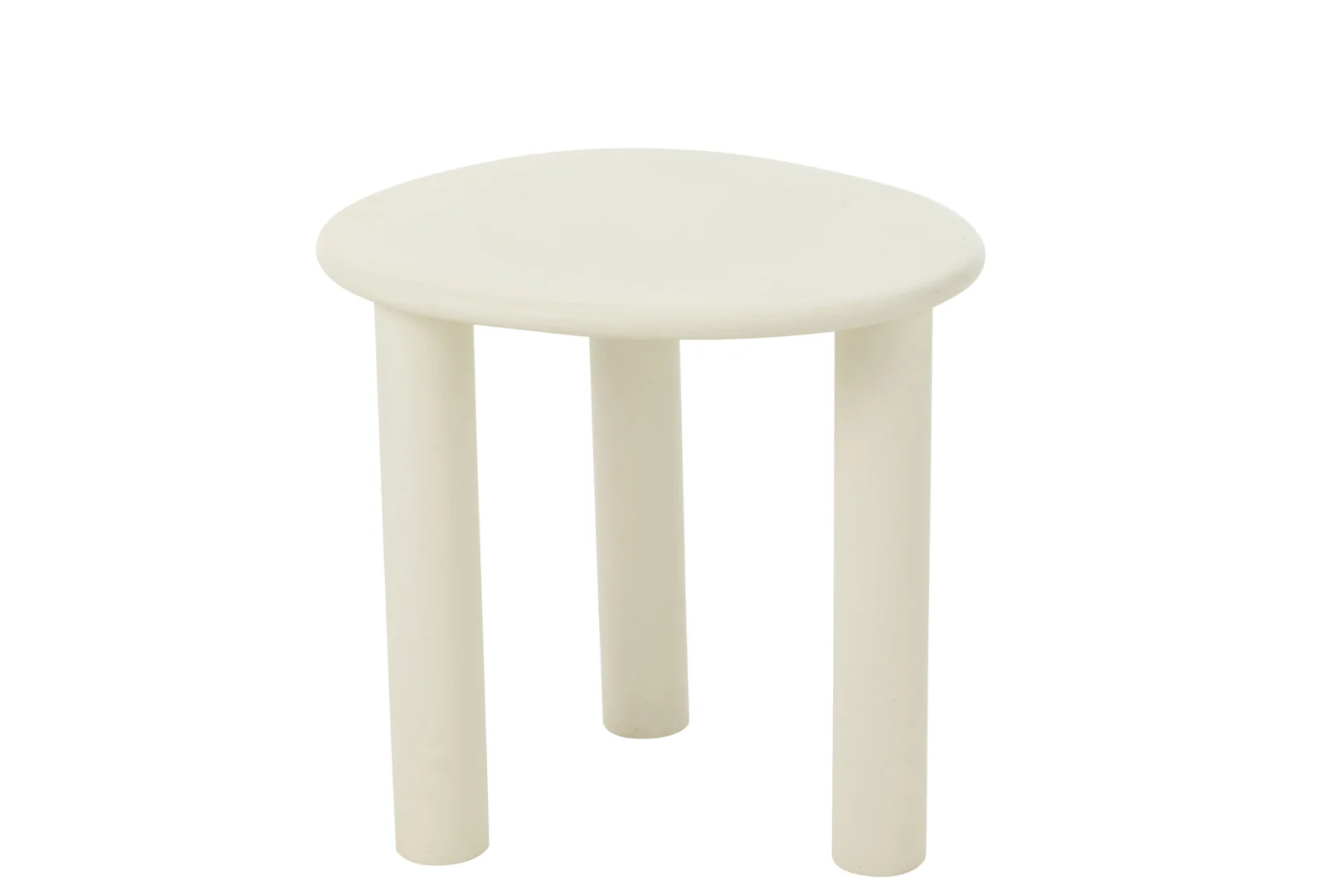 De Bijzettafel Bali MDF/PVC Wit Klein is een kleine, ronde tafel met drie poten met een gladde afwerking in gebroken wit tegen een effen witte achtergrond.