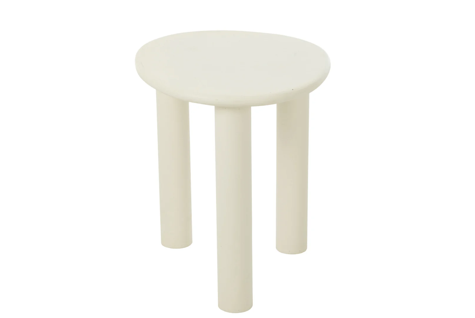 De Bijzettafel Bali Mdf/Pvc Wit Klein is een moderne, minimalistische witte kruk met een ronde zitting en drie cilindervormige poten tegen een effen witte achtergrond.