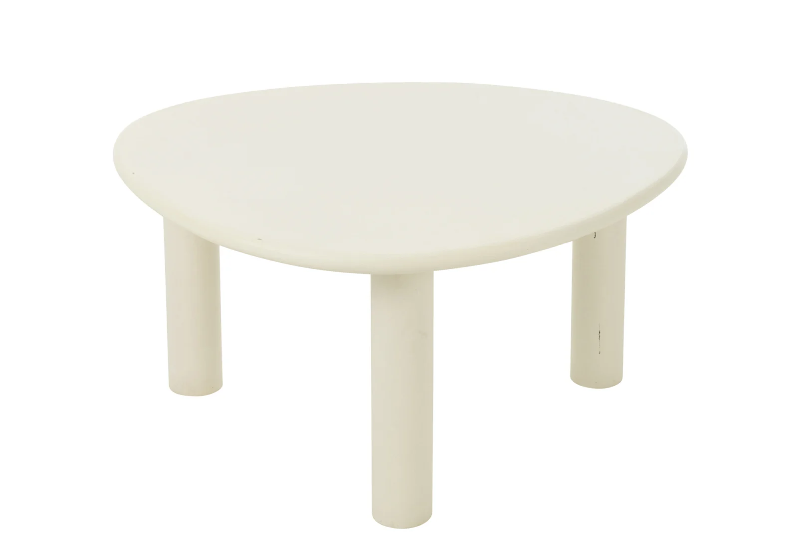 De Bijzettafel Bali Mdf/Pvc Wit Middelgroot is een witte tafel met drie poten en een afgerond driehoekig blad tegen een effen witte achtergrond.