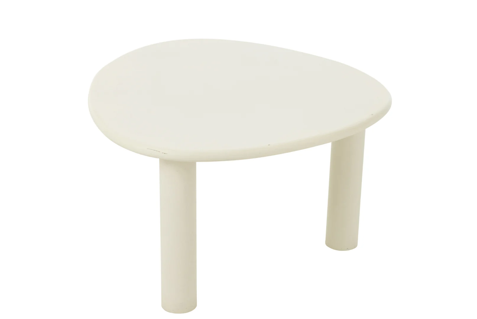 De Bijzettafel Bali Mdf/Pvc Wit Middelgroot is een moderne, gebroken witte middelgrote tafel met een afgerond driehoekig blad en drie cilindrische poten tegen een effen witte achtergrond.