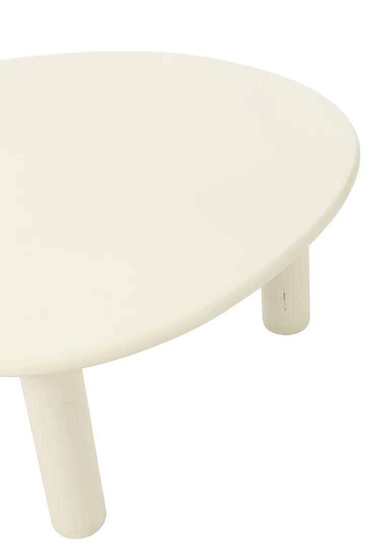 De Bijzettafel Bali Mdf/Pvc Wit Middelgroot is een minimale, afgeronde witte tafel met dikke cilindrische poten, gedeeltelijk afgebeeld tegen een effen witte achtergrond.